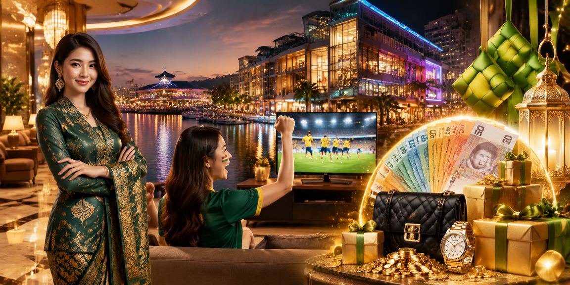 Suasana raya Malaysia dengan tema cashback bonus pertaruhan bola sepak dalam talian